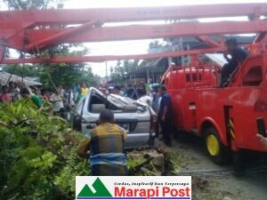 Mobil Panther Milik Novi di Simpang Ampek Tapi Lubuk Basung, Rusak Berat Ditimpa Pohon Sawit Tumbang