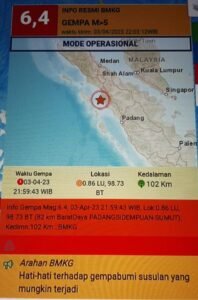 Gempa Mag 6,4 Kota Padang Sidempuan, Terasa  Kuat di Bukittinggi