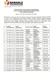 Pengumuman Hasil Seleksi Administrasi Calon Anggota Panwaslu Kelurahan/Desa